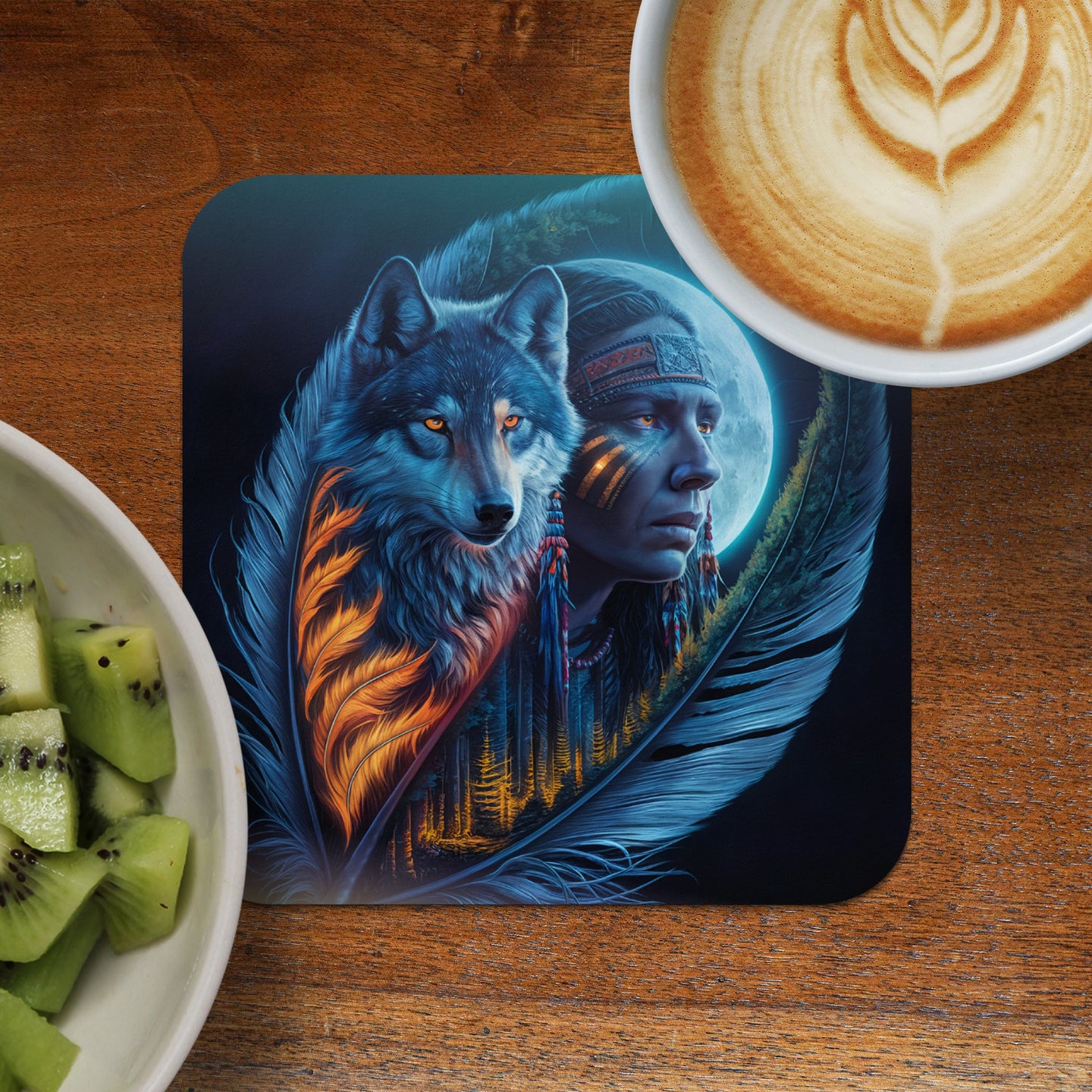 Wolf and person with feathered headdress against moonlit forest scene.