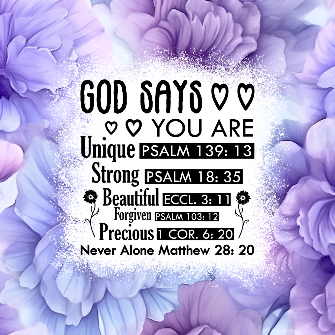 "God says you are unique, strong, beautiful, forgiven, precious, never alone" with scripture references.