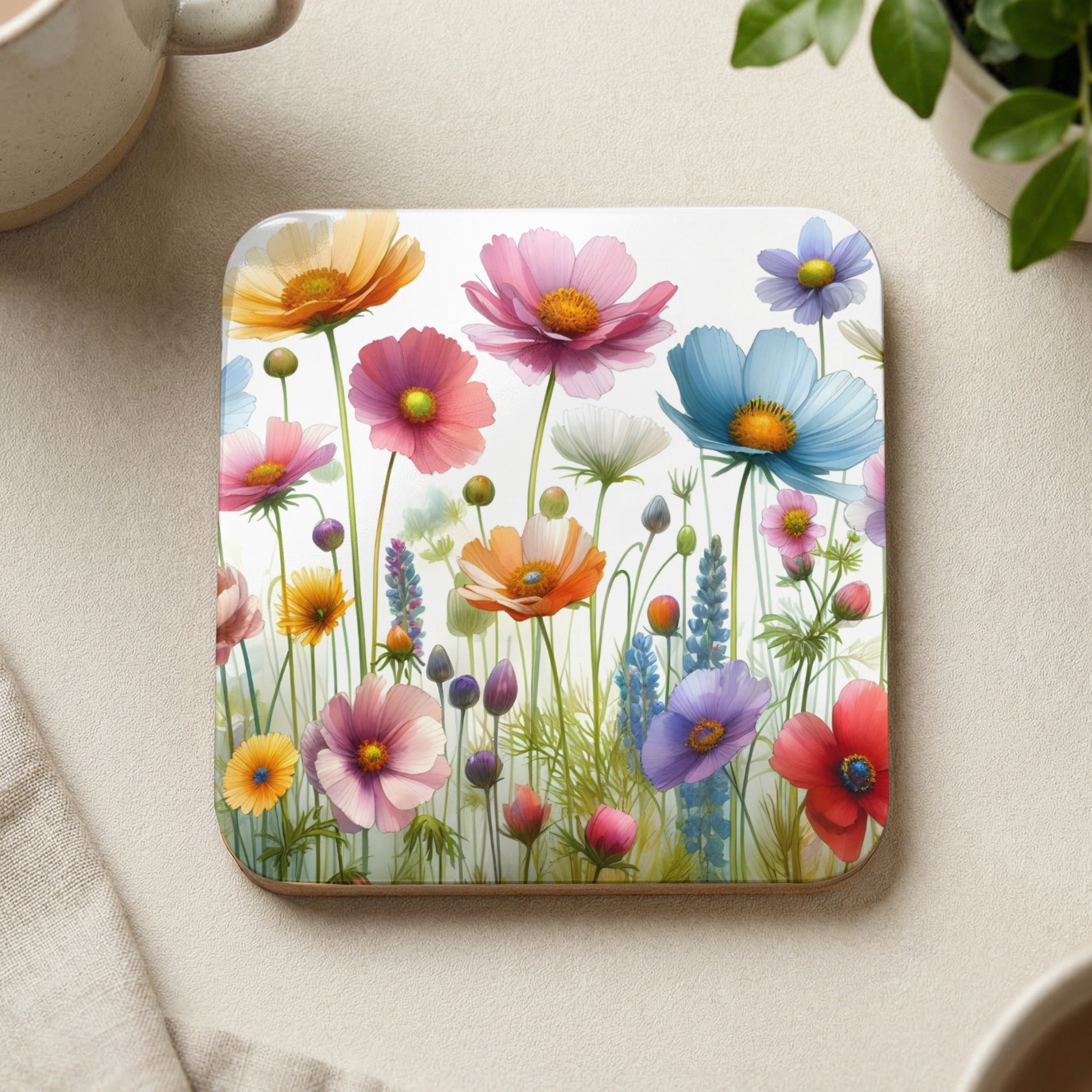 Square coaster with colorful wildflowers and foliage illustration.