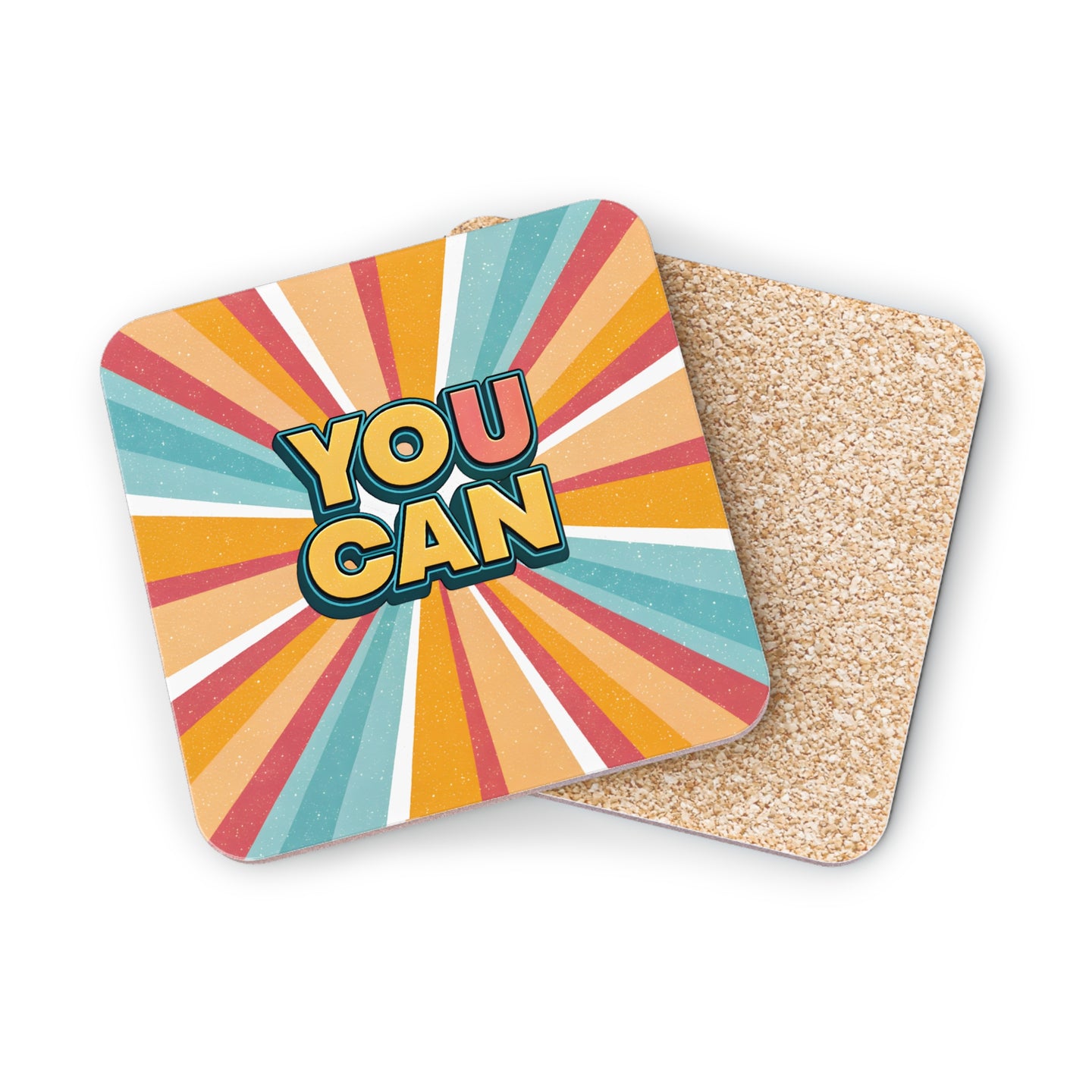 Coasters with retro sunburst pattern and "YOU CAN" text.