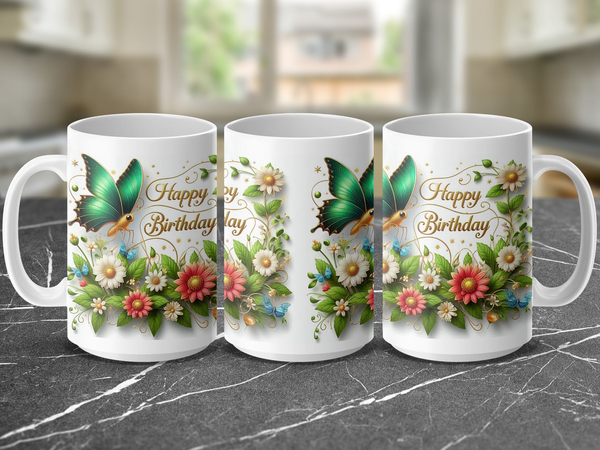 White mug with "Happy Birthday" text and butterflies, flowers, and leaves.