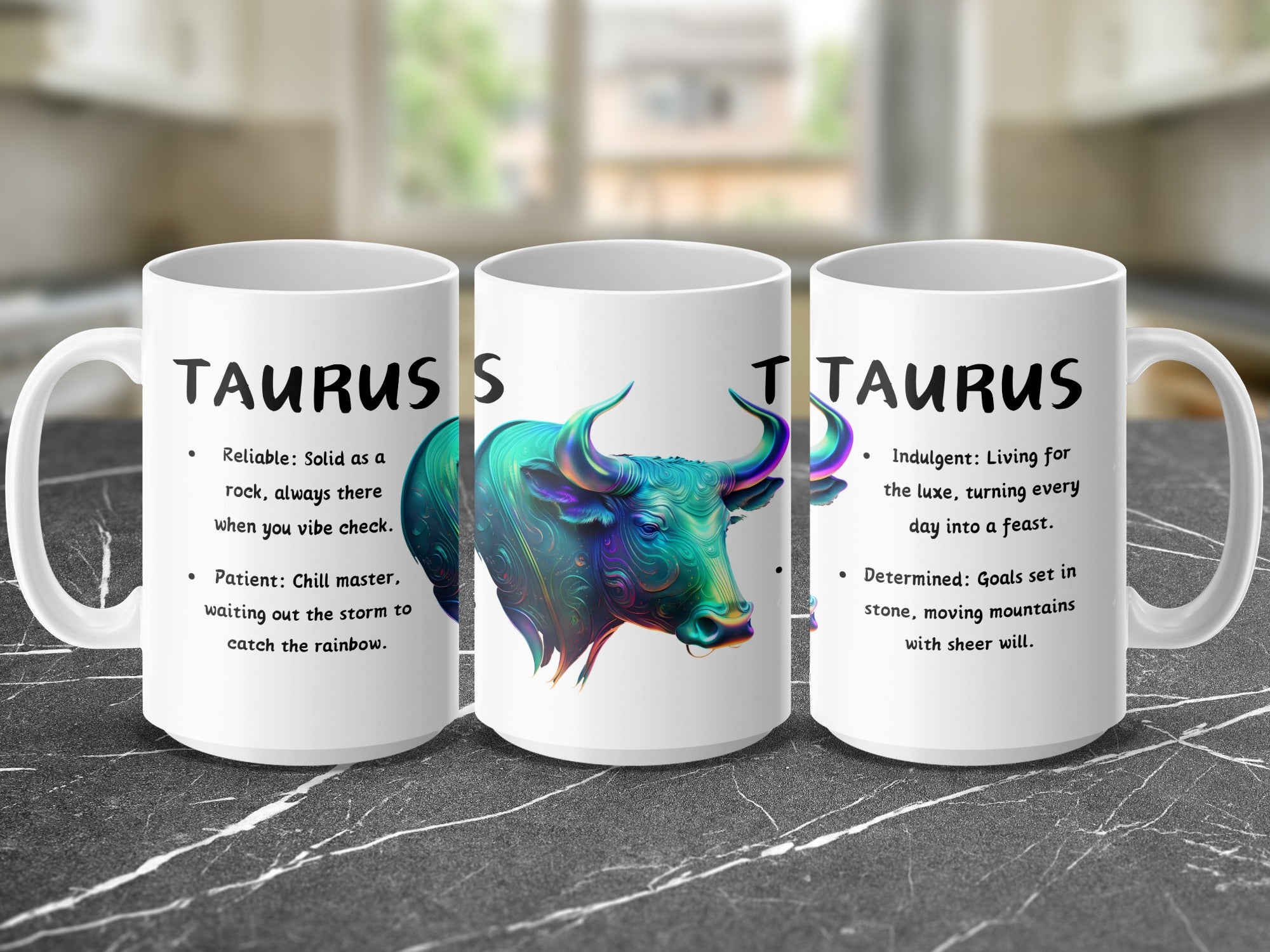 Mug with colorful Taurus bull graphic and astrological traits.
