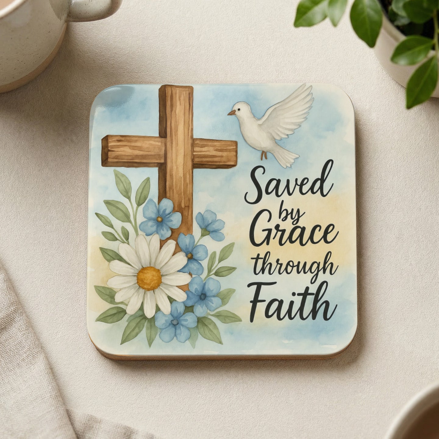 Cross with dove, flowers, and "Saved by Grace through Faith" text.