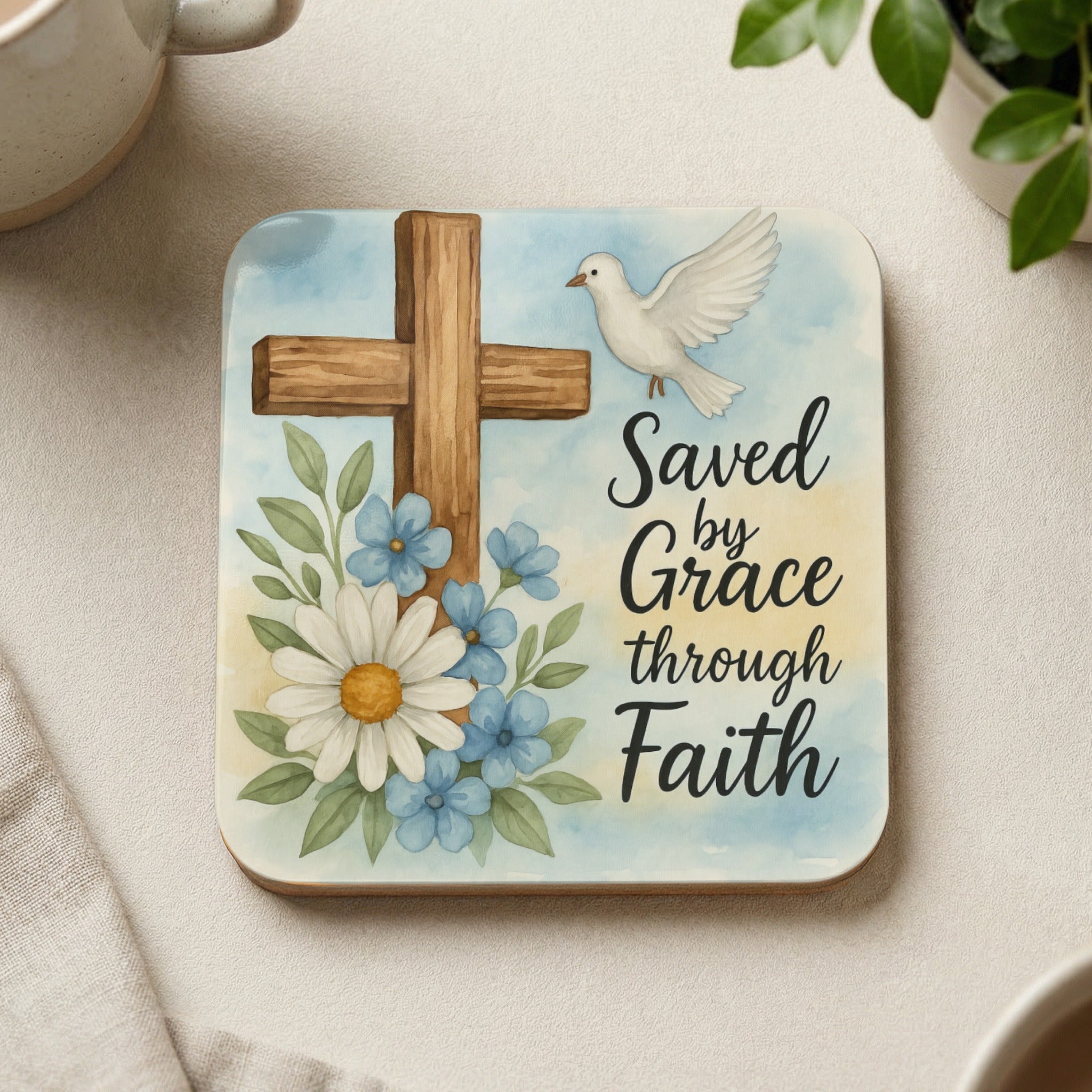 Cross with dove, flowers, and "Saved by Grace through Faith" text.