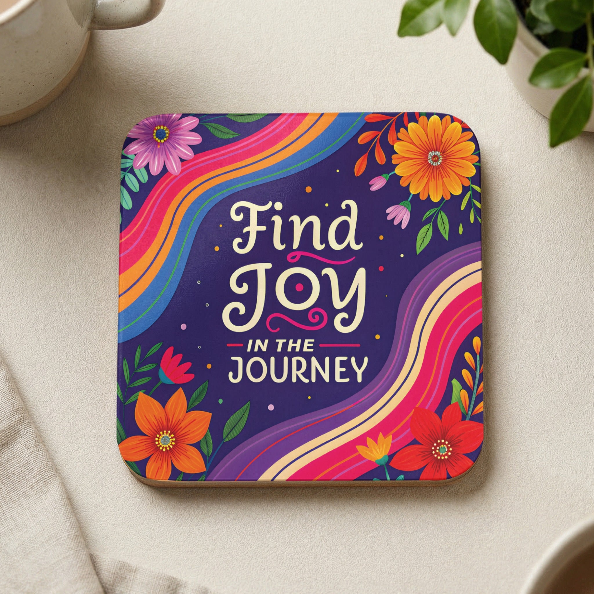 Coaster with "Find Joy In The Journey" text and colorful floral waves.