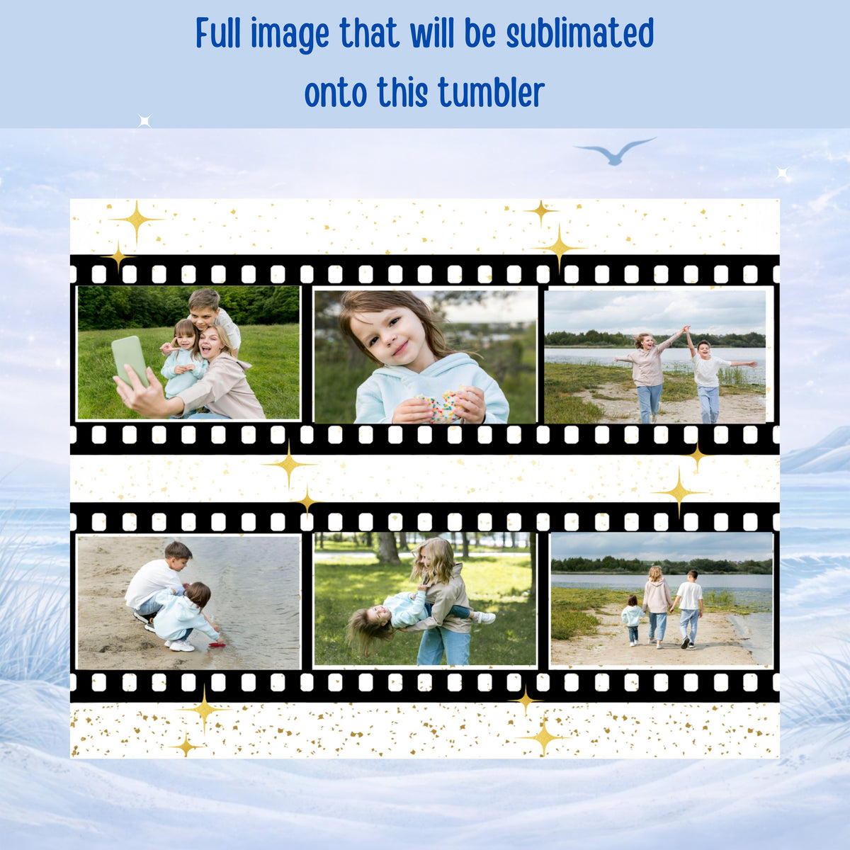 Film strip montage of families enjoying outdoor activities on a beach.