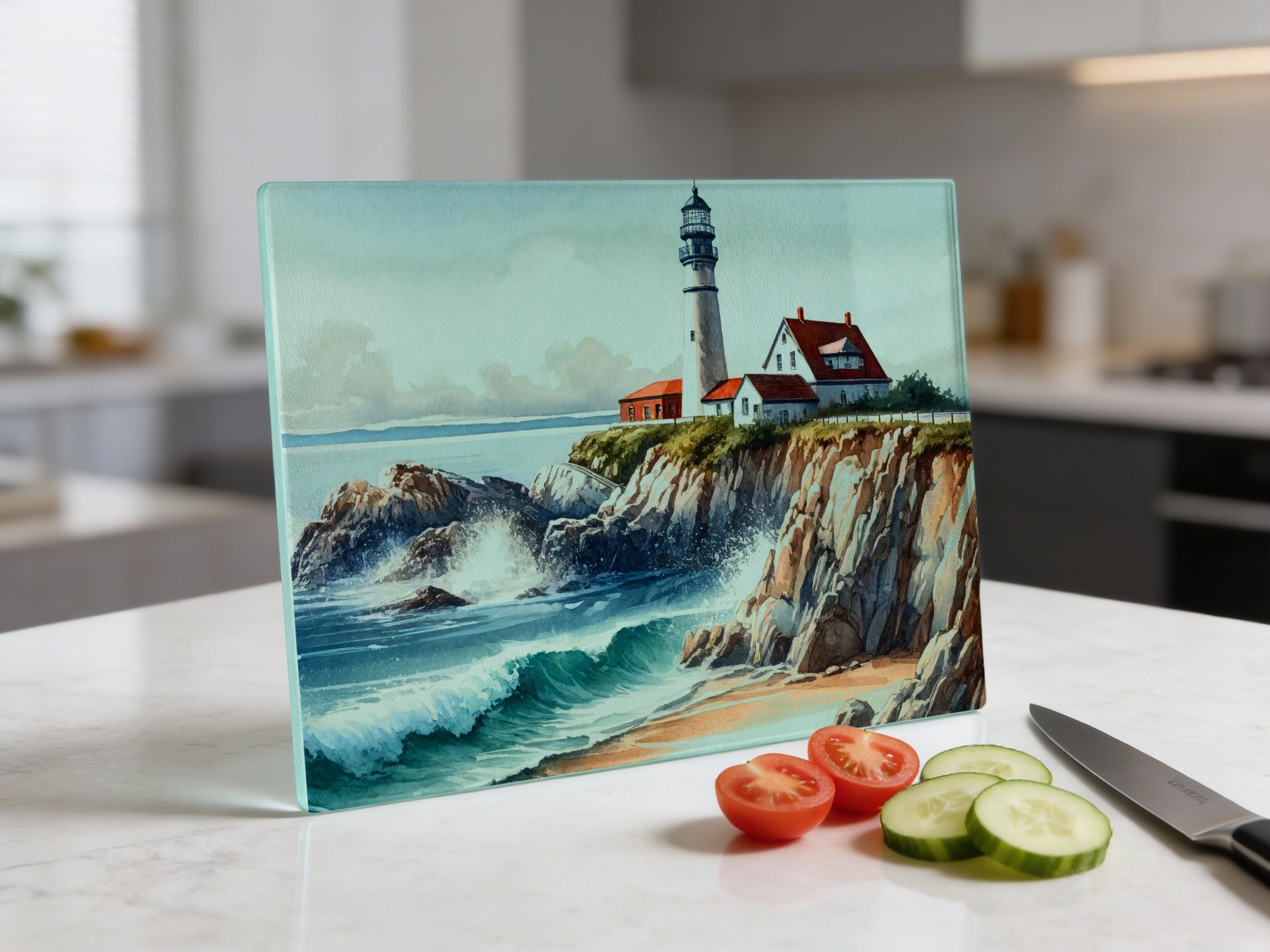 Lighthouse on a rocky coast with crashing waves, beside sliced tomatoes and cucumber.