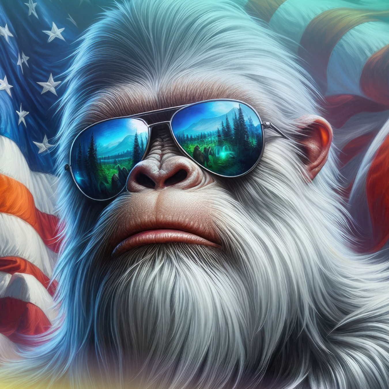 White ape wearing sunglasses reflecting a landscape, with American flag behind.