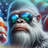 White ape wearing sunglasses reflecting a landscape, with American flag behind.