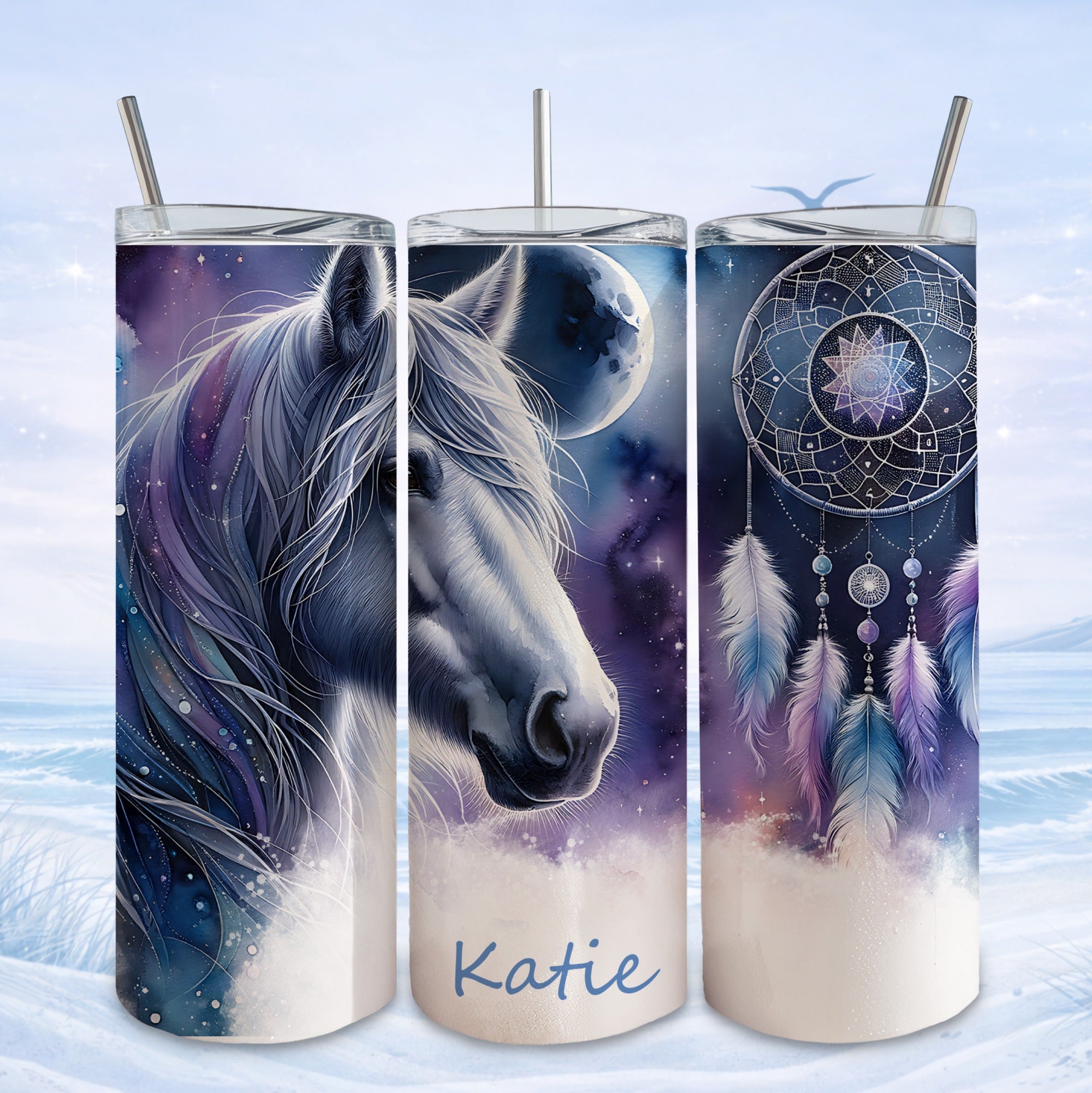 White horse against starry night with moon and dreamcatcher, "Katie" text.