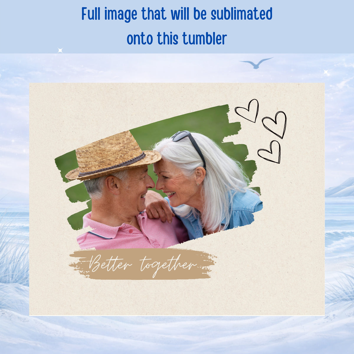 Couple embracing on beach with "Better Together" text, suitable for sublimation.