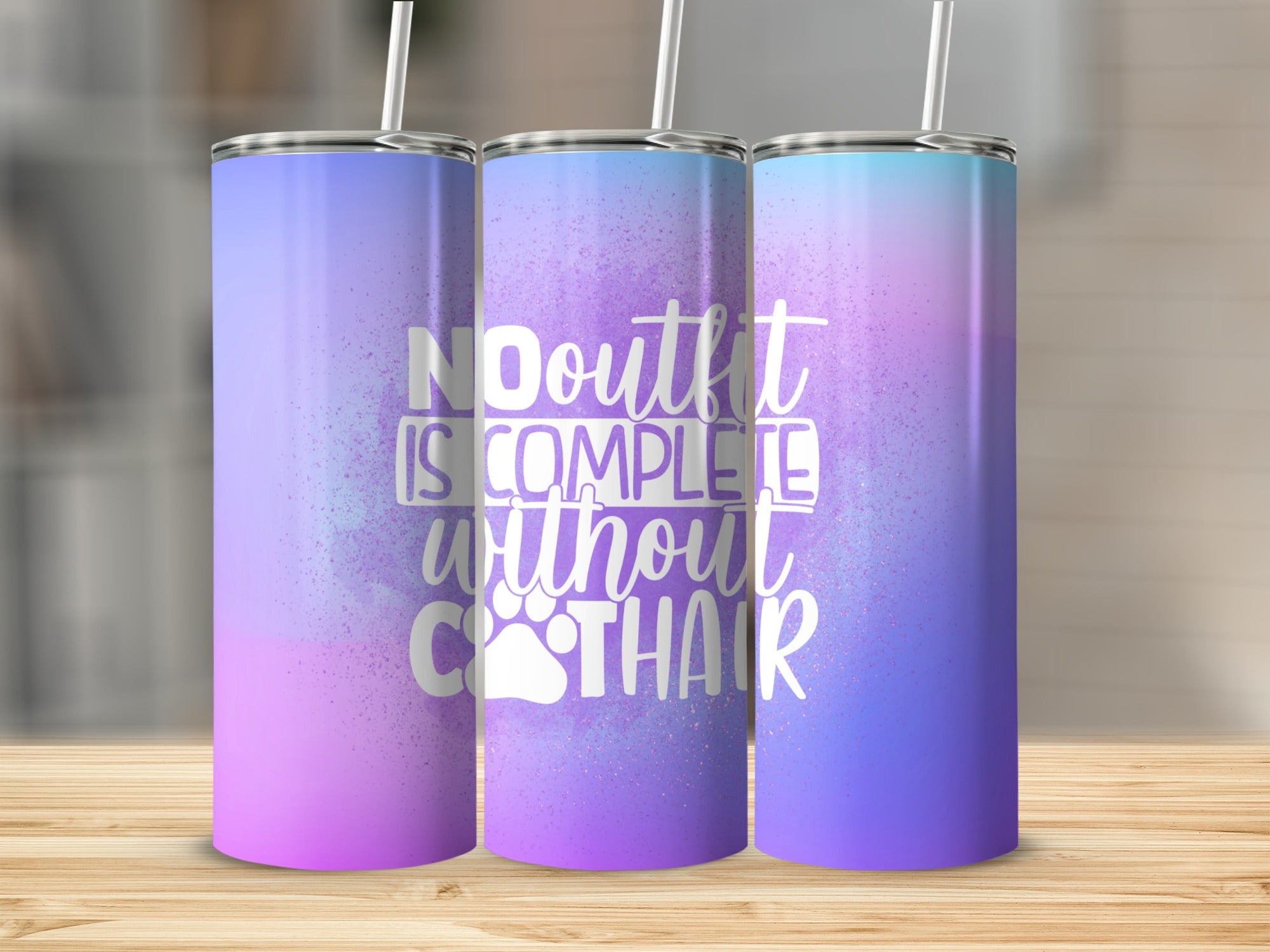 Three tall, slender tumblers with a gradient of purple and blue, featuring text.