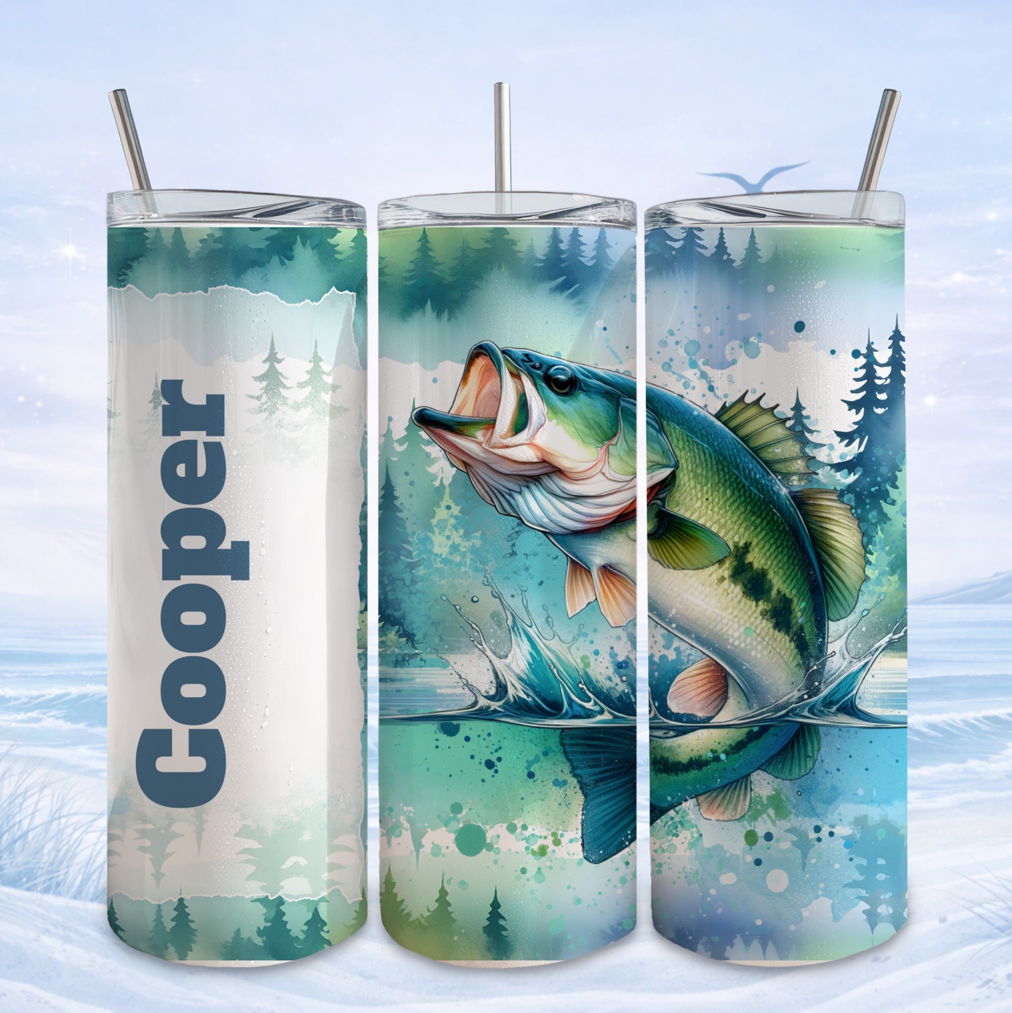 Bass jumping out of water with "Cooper" text on tumbler.