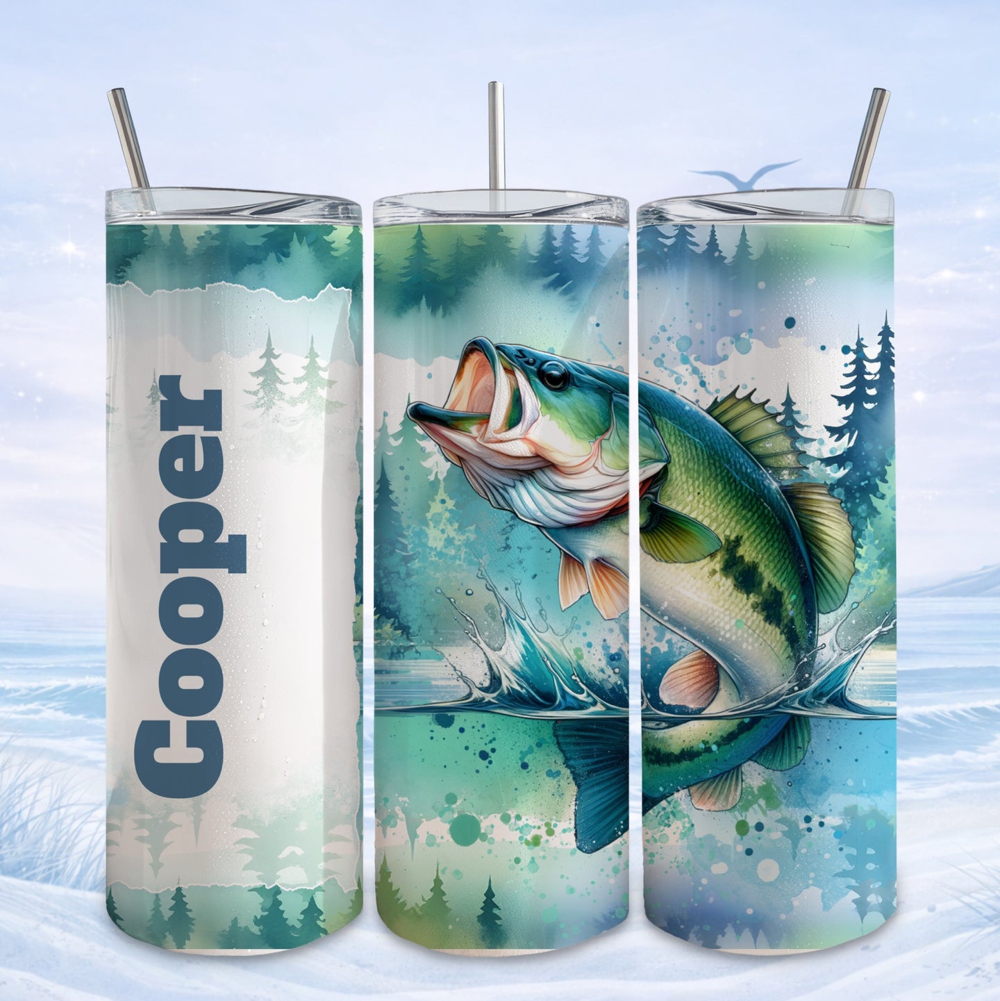 Bass jumping out of water with "Cooper" text on tumbler.