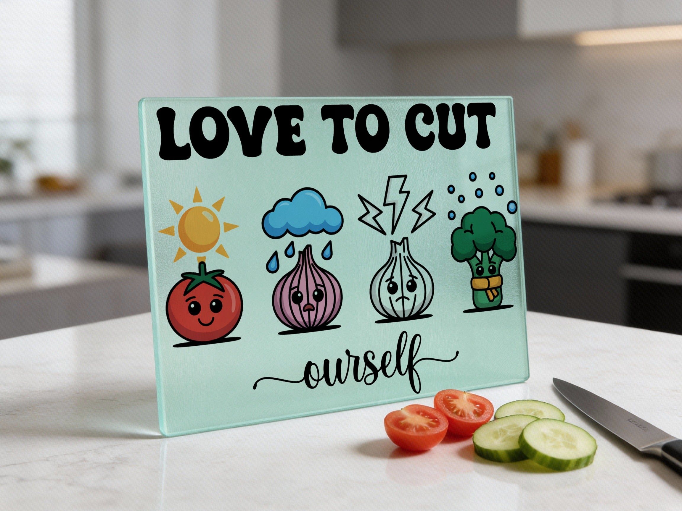 Cutting board with cartoon tomato, onion, and broccoli, and text "LOVE TO CUT OURSELF".