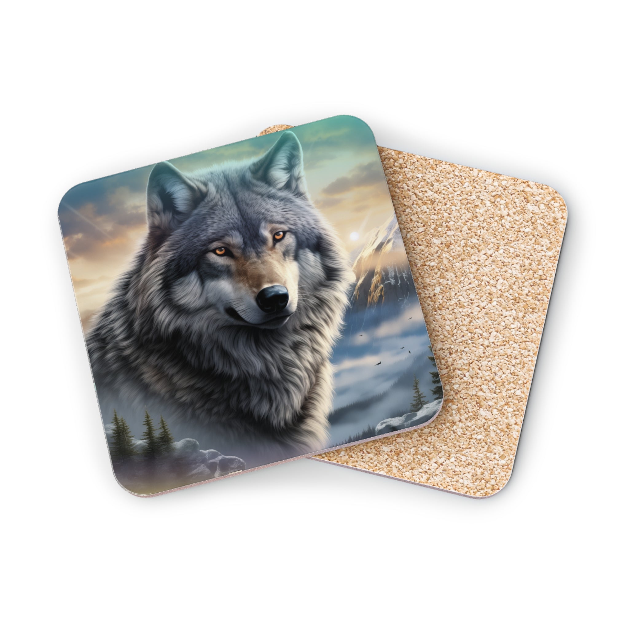 Wolf illustration on a square coaster with mountain landscape background.