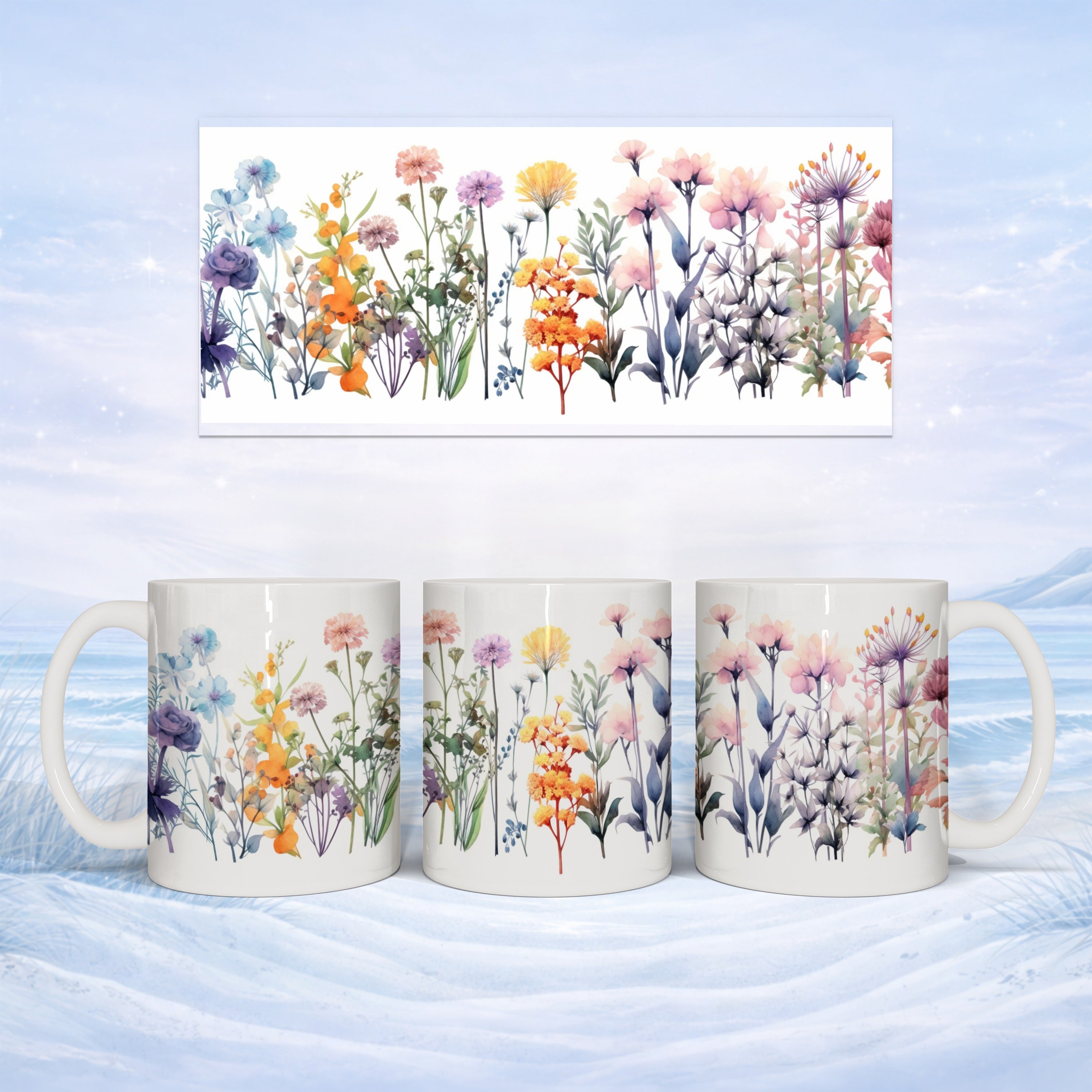 Mug set with watercolor floral design on a winter background.