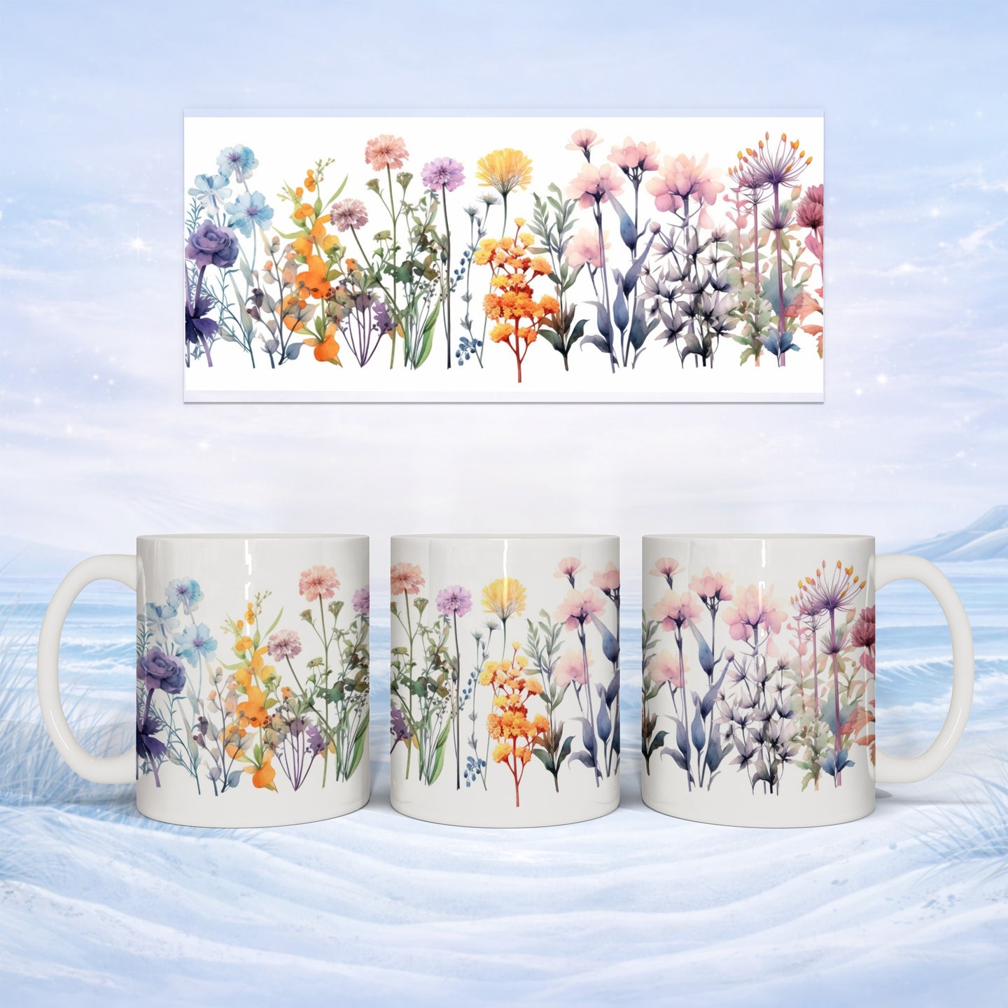 Mug set with watercolor floral design on a winter background.