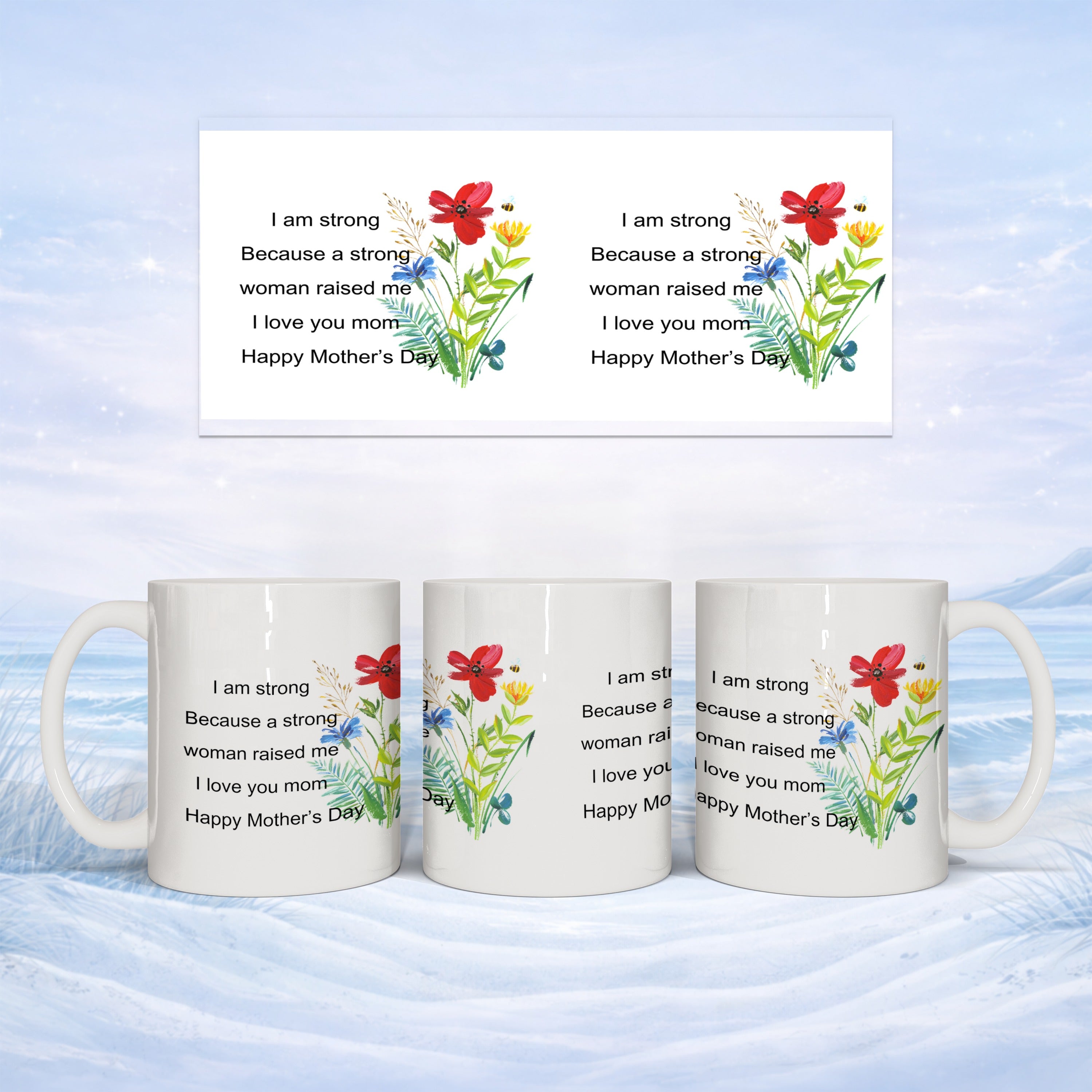 Three mugs with floral design and "Happy Mother's Day" text.