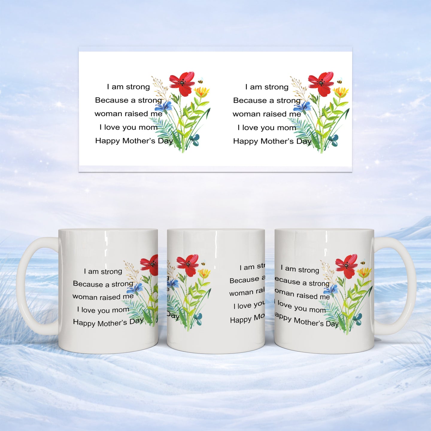Three mugs with floral design and "Happy Mother's Day" text.