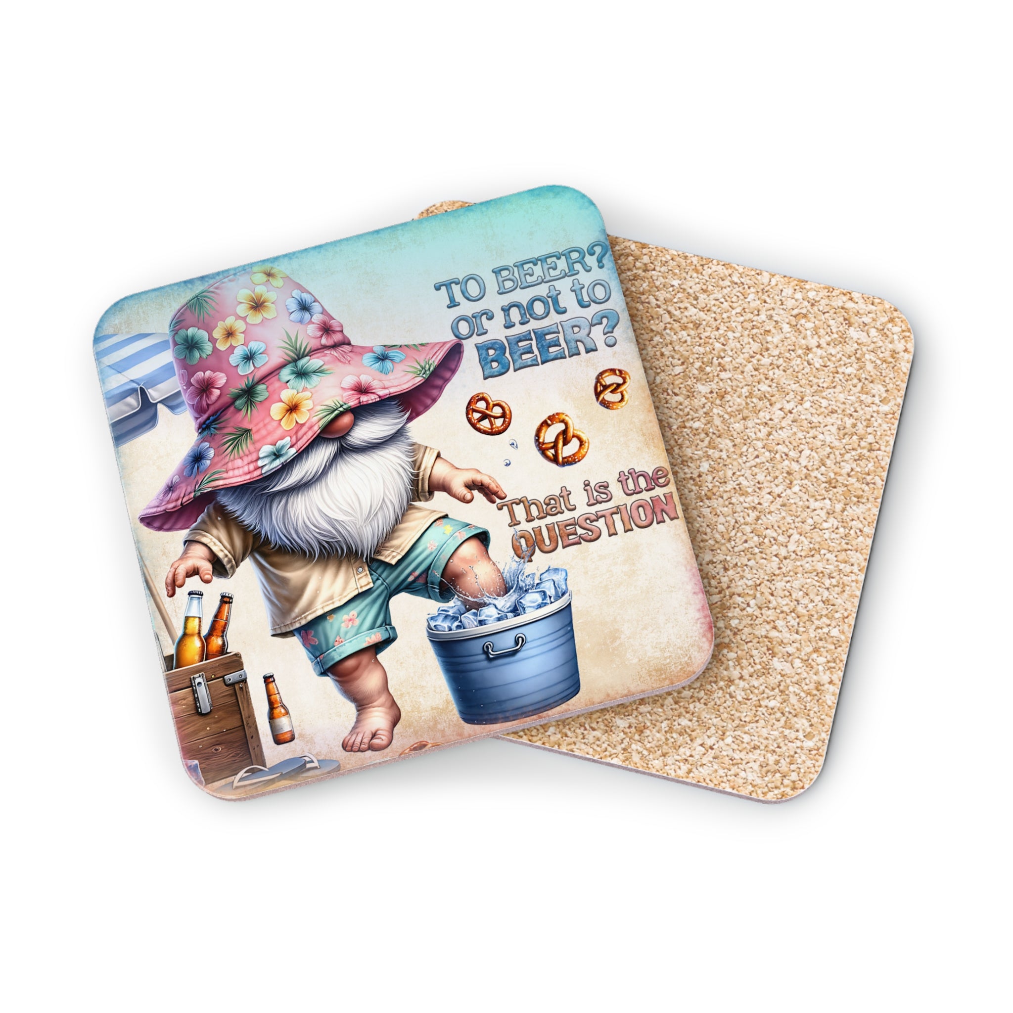 Gnome wearing sun hat dips foot in bucket, text "To Beer? Or Not To Beer?"