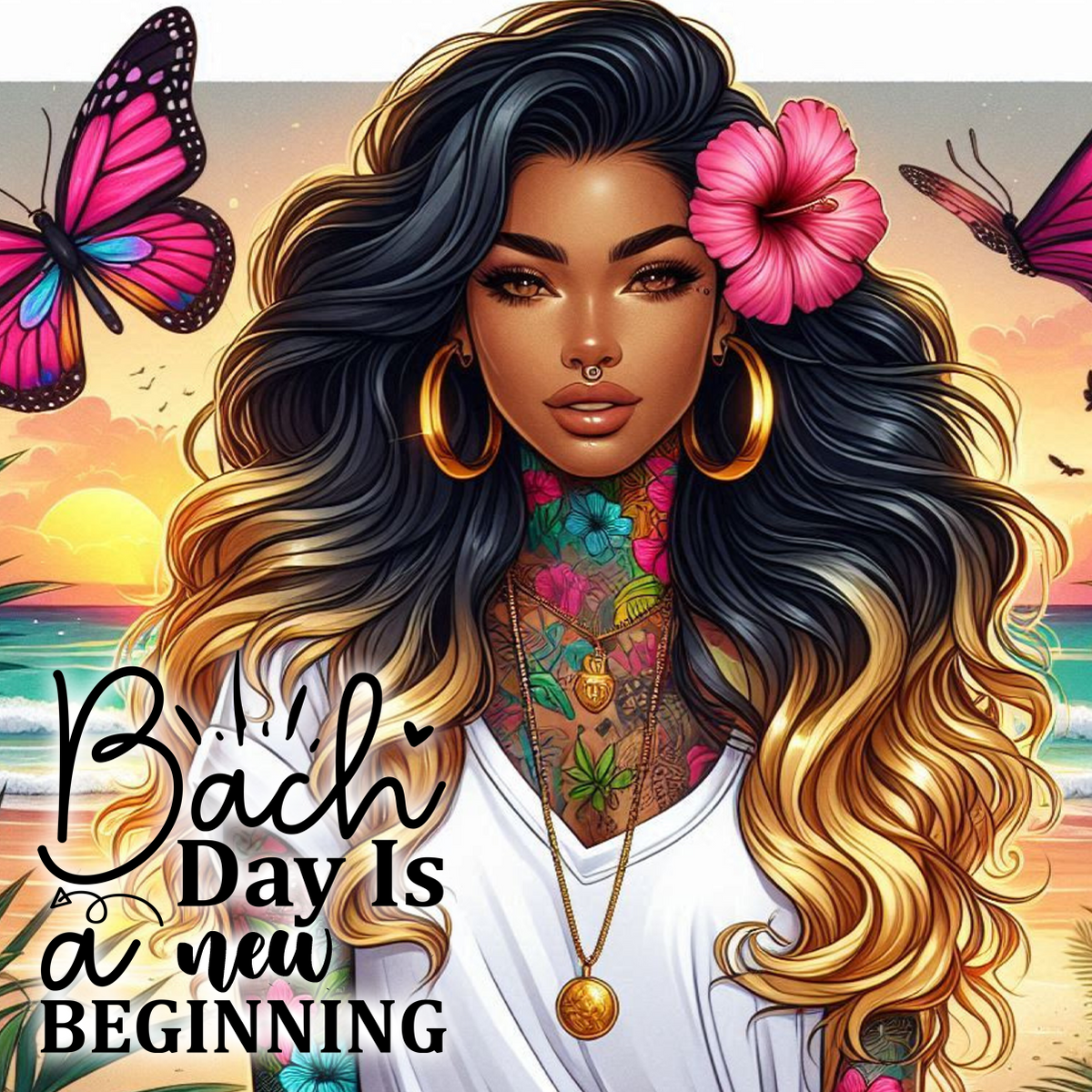 Woman with colorful tattoos and butterflies, text "Bach Day is a new beginning".