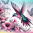Hummingbird with pink hibiscus flowers and butterflies, pastel background.