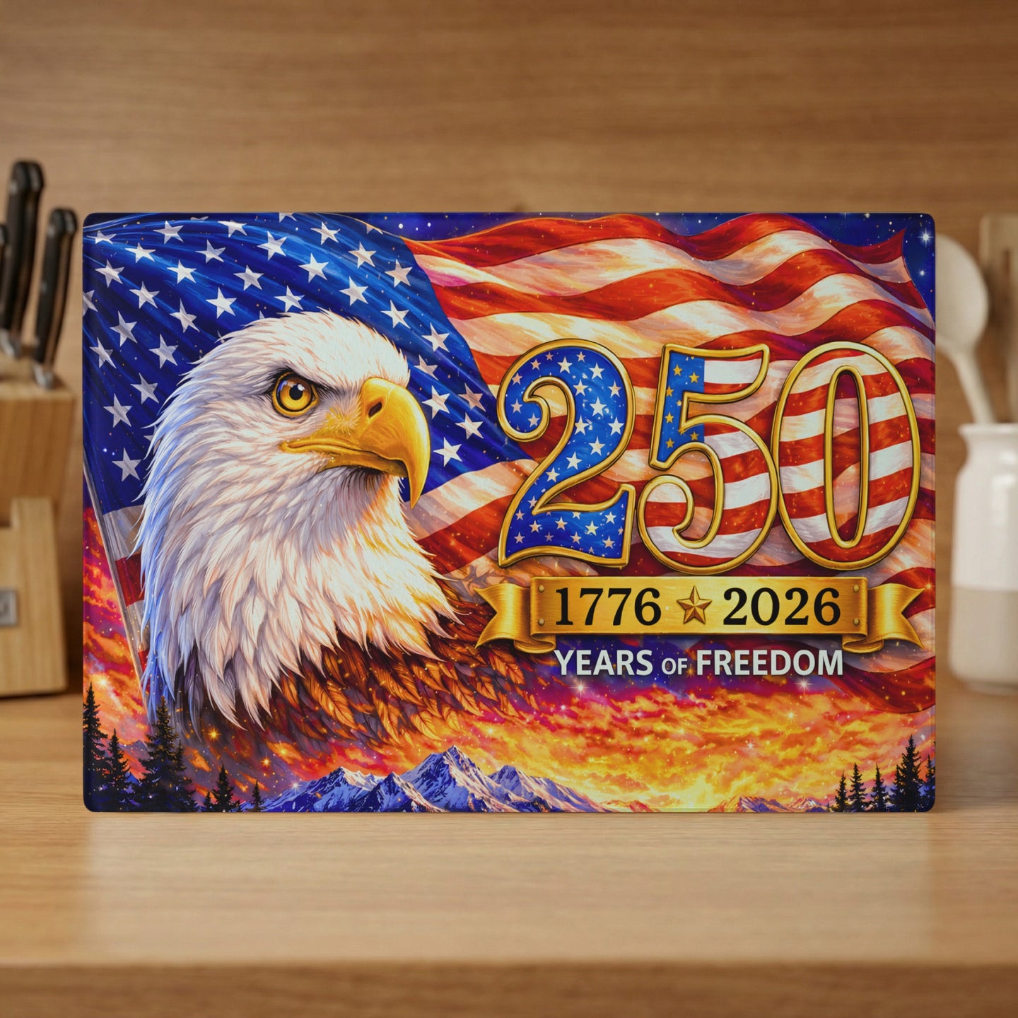 Eagle with American flag, "250 YEARS OF FREEDOM 1776 2026".