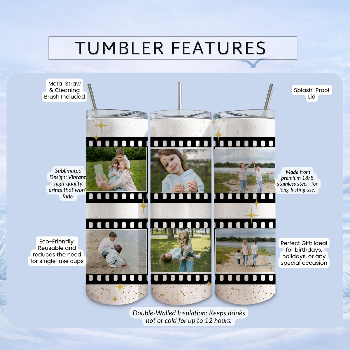Tumbler with film strip photos, highlighting features like straw and lid.