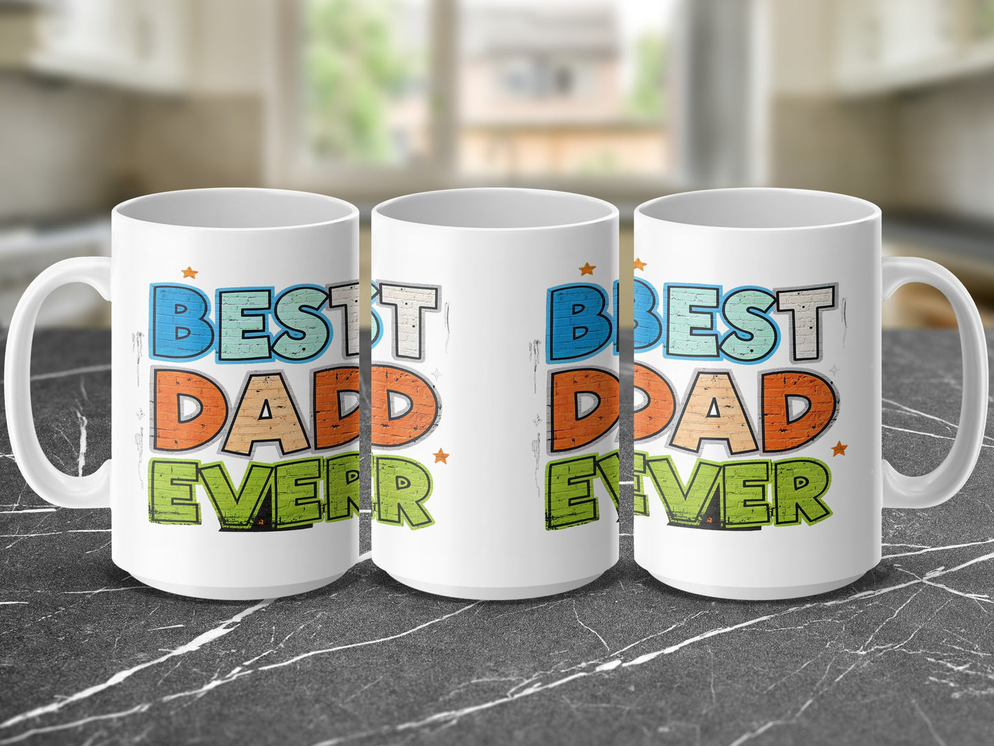 Three mugs with "BEST DAD EVER" text, front and angled views.