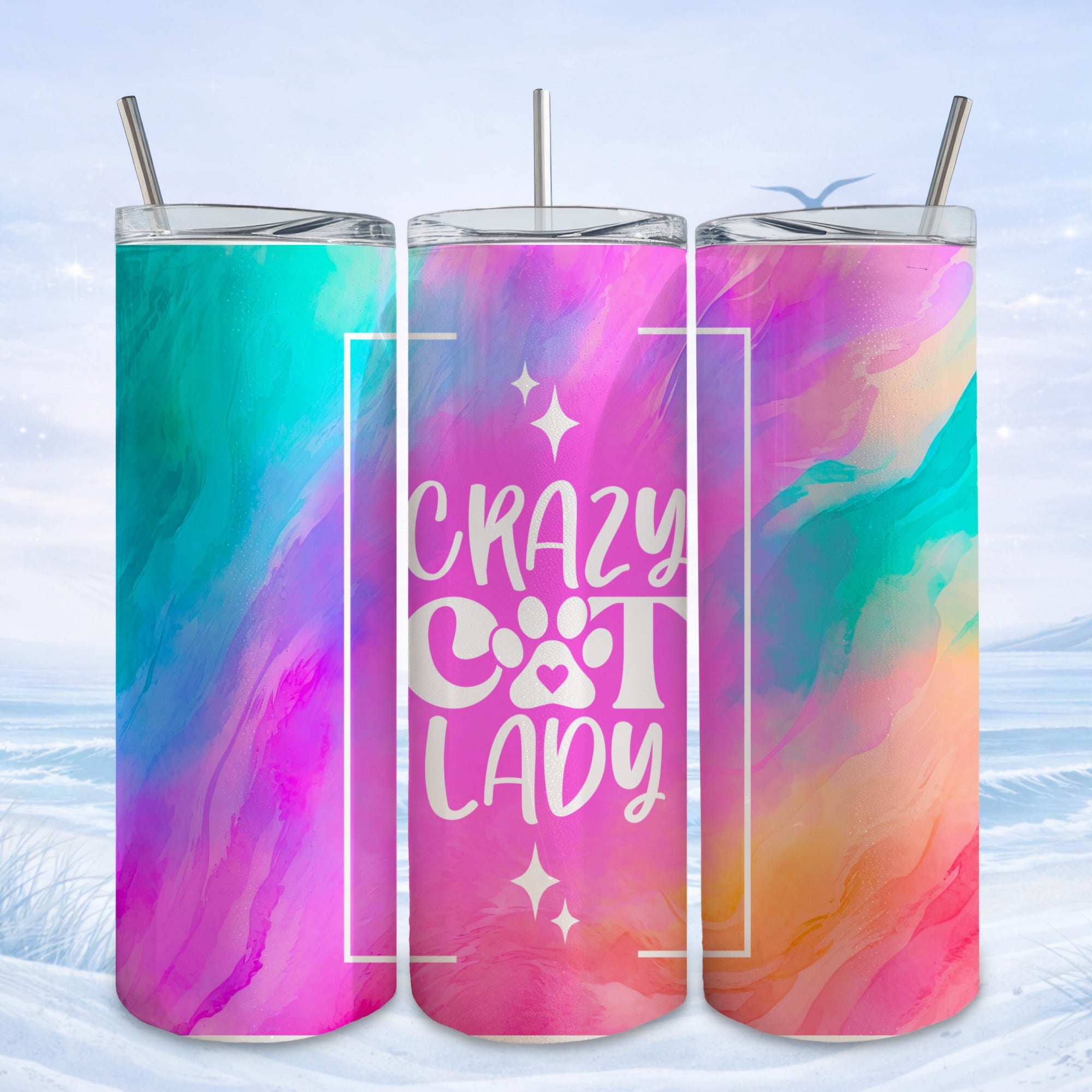 Three tumblers with abstract watercolor designs, one with "Crazy Cat Lady" text.