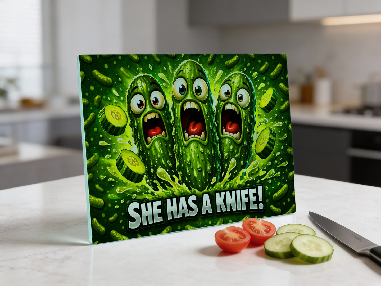Green chopping board with three screaming pickles and the text "SHE HAS A KNIFE!".