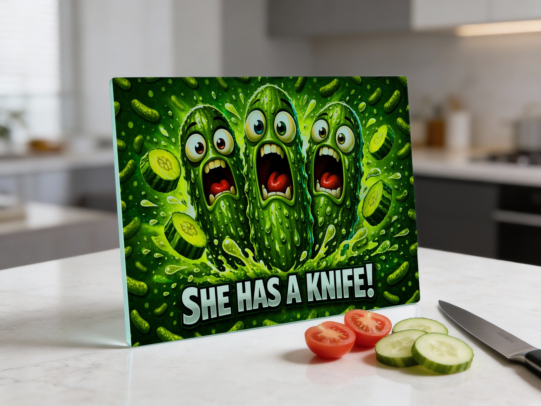 Green chopping board with three screaming pickles and the text "SHE HAS A KNIFE!".
