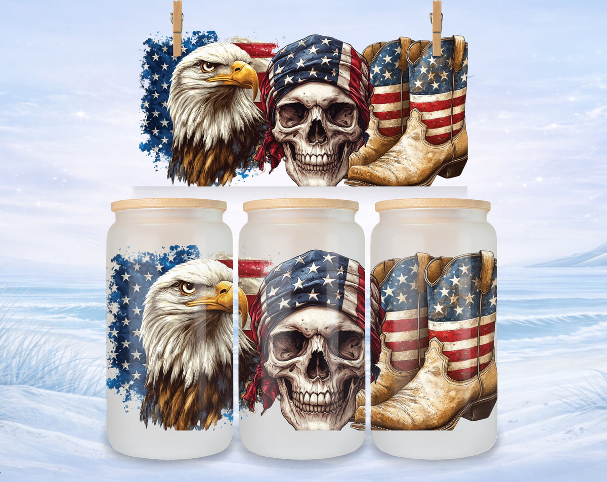 Eagle, skull with flag bandana, and cowboy boots with flag pattern.