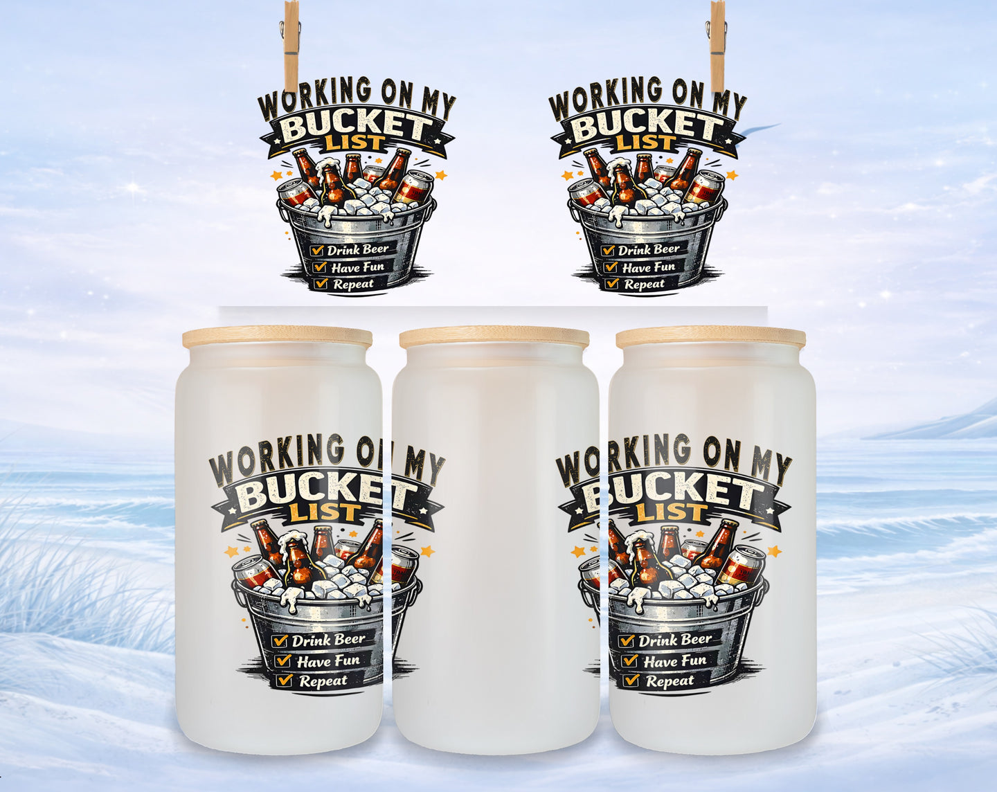 Glass tumblers with "Working on my bucket list" text and checkable tasks.
