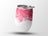 White tumbler with pink abstract watercolor design and silver lid.