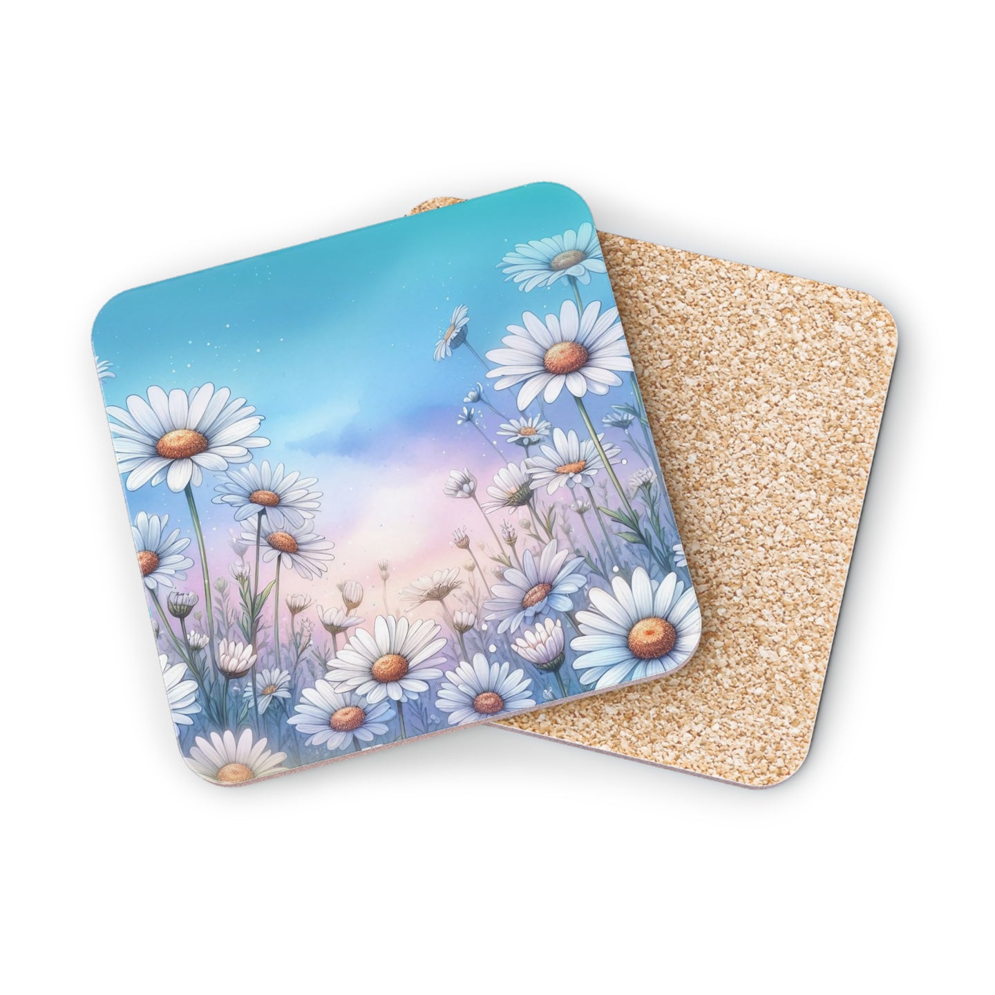 Daisies bloom against a colorful sky on two decorative coasters.