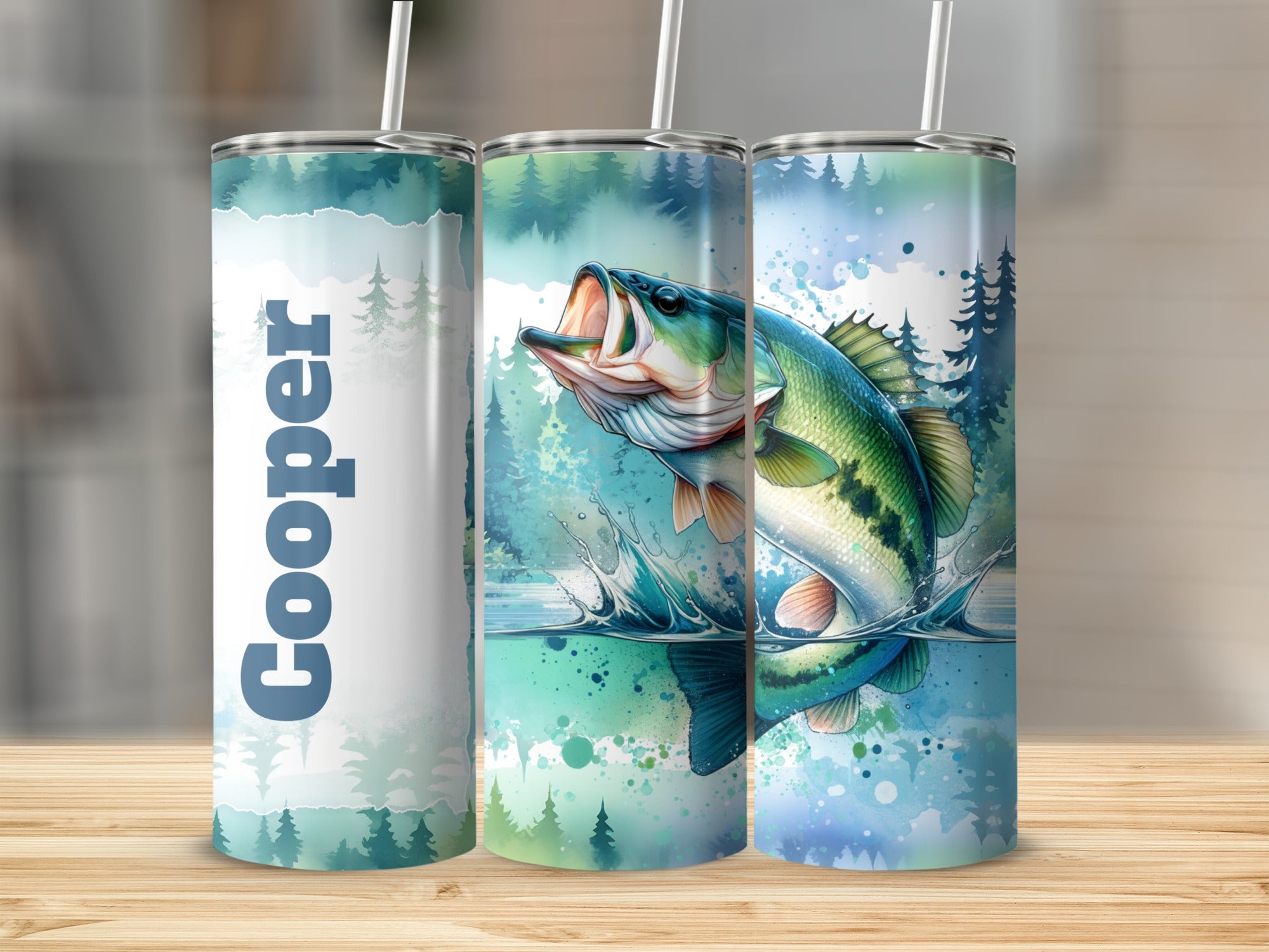 Tall tumbler with leaping bass, trees, and "Cooper" text.