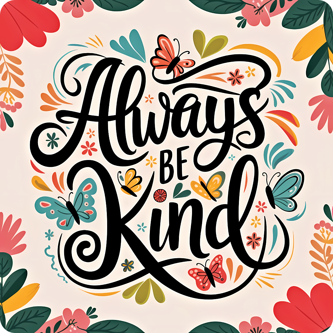 Always be kind text with butterflies and floral accents.