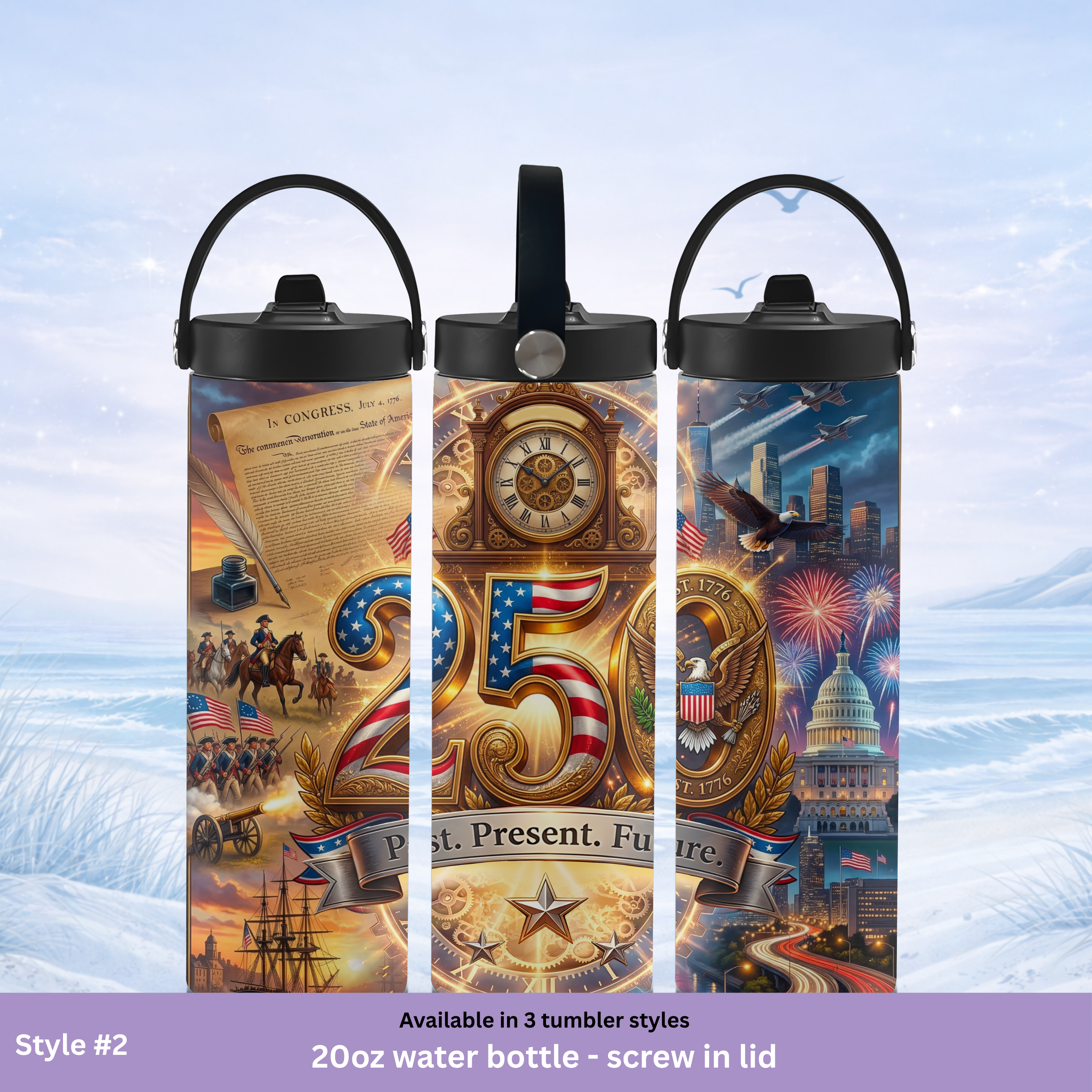 Three water bottles with patriotic design and '25' on a light blue background