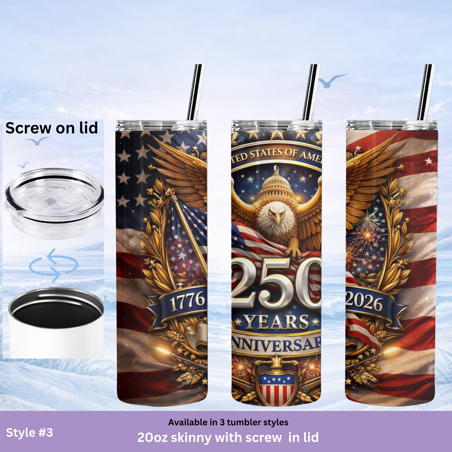 Tumblers with American flag and eagle design, featuring '250 Years Anniversary' text.