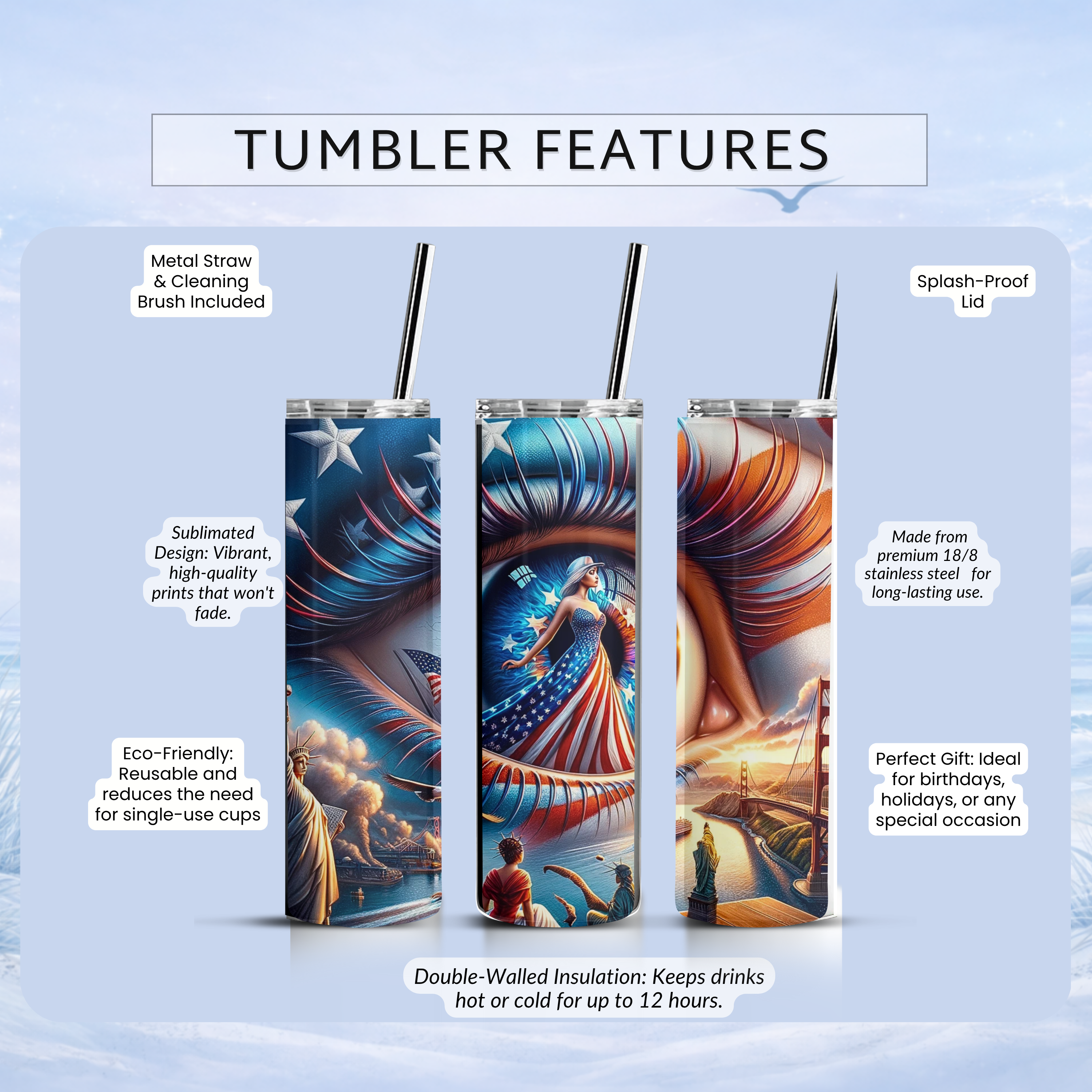 20 oz patriotic travel tumbler Statue of Liberty design