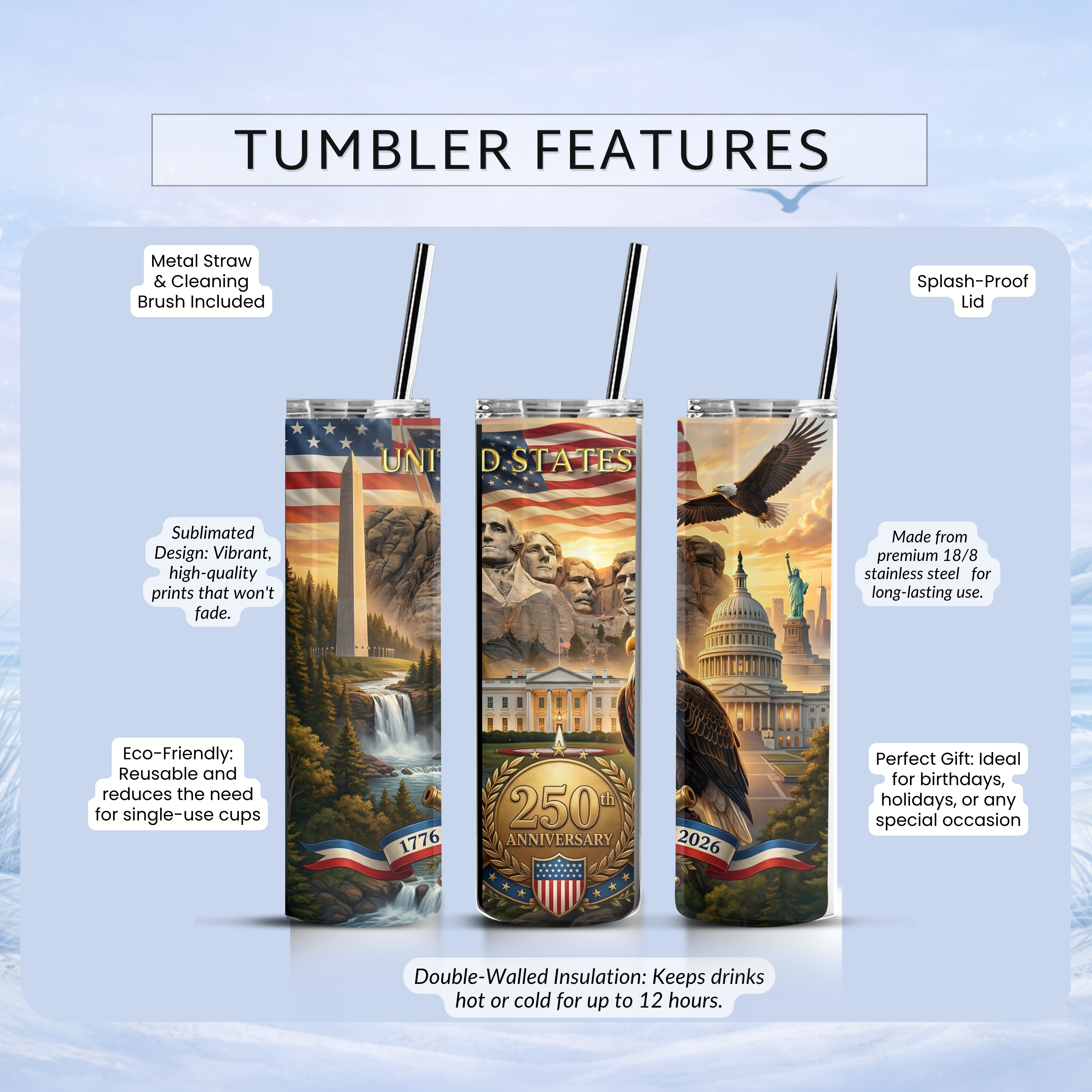 20 oz patriotic travel tumbler Washington Monument Capitol design