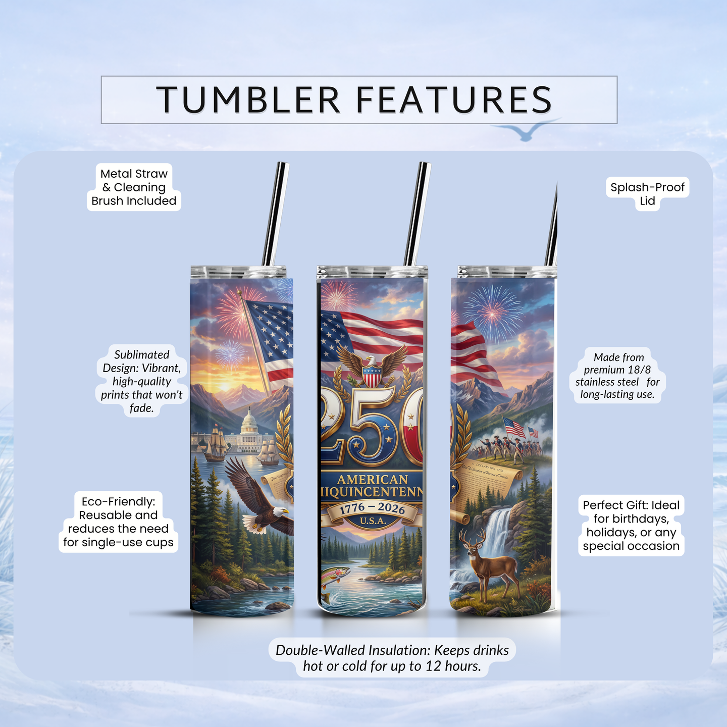 20 oz patriotic travel tumbler USA nature and history design