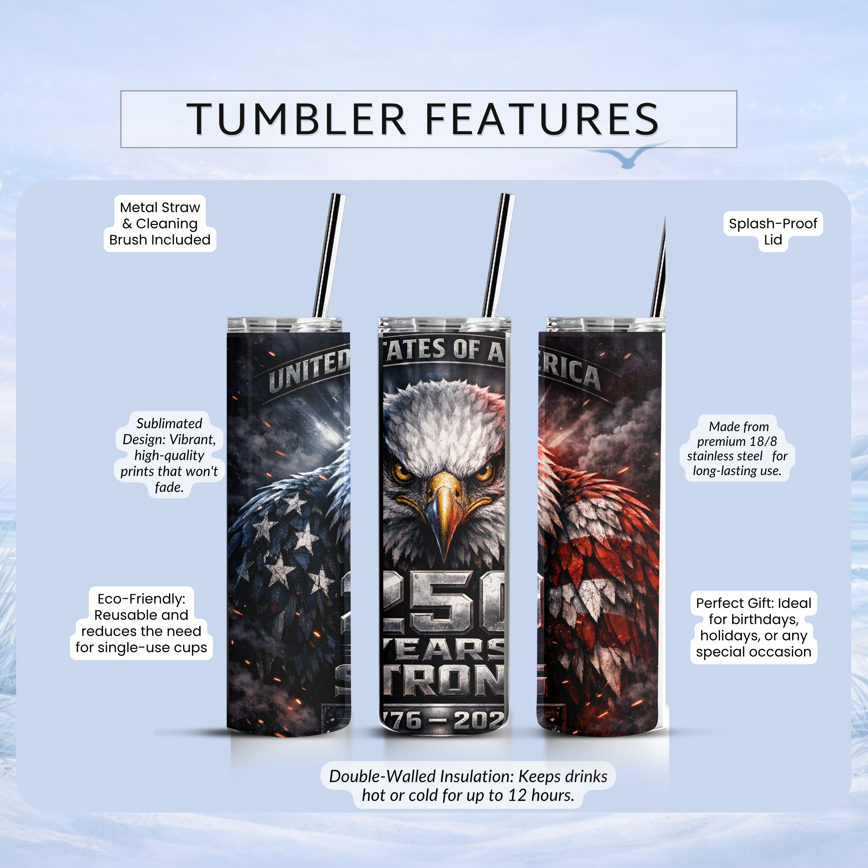 20 oz patriotic travel tumbler USA eagle design