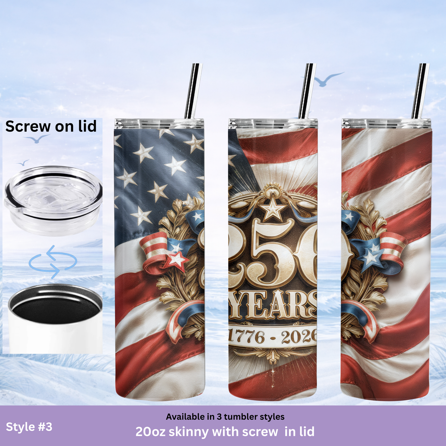 America 250 tumbler 20 oz skinny screw lid patriotic USA cup insulated stainless steel drinkware
