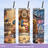 Three tumblers with different designs on a light blue background