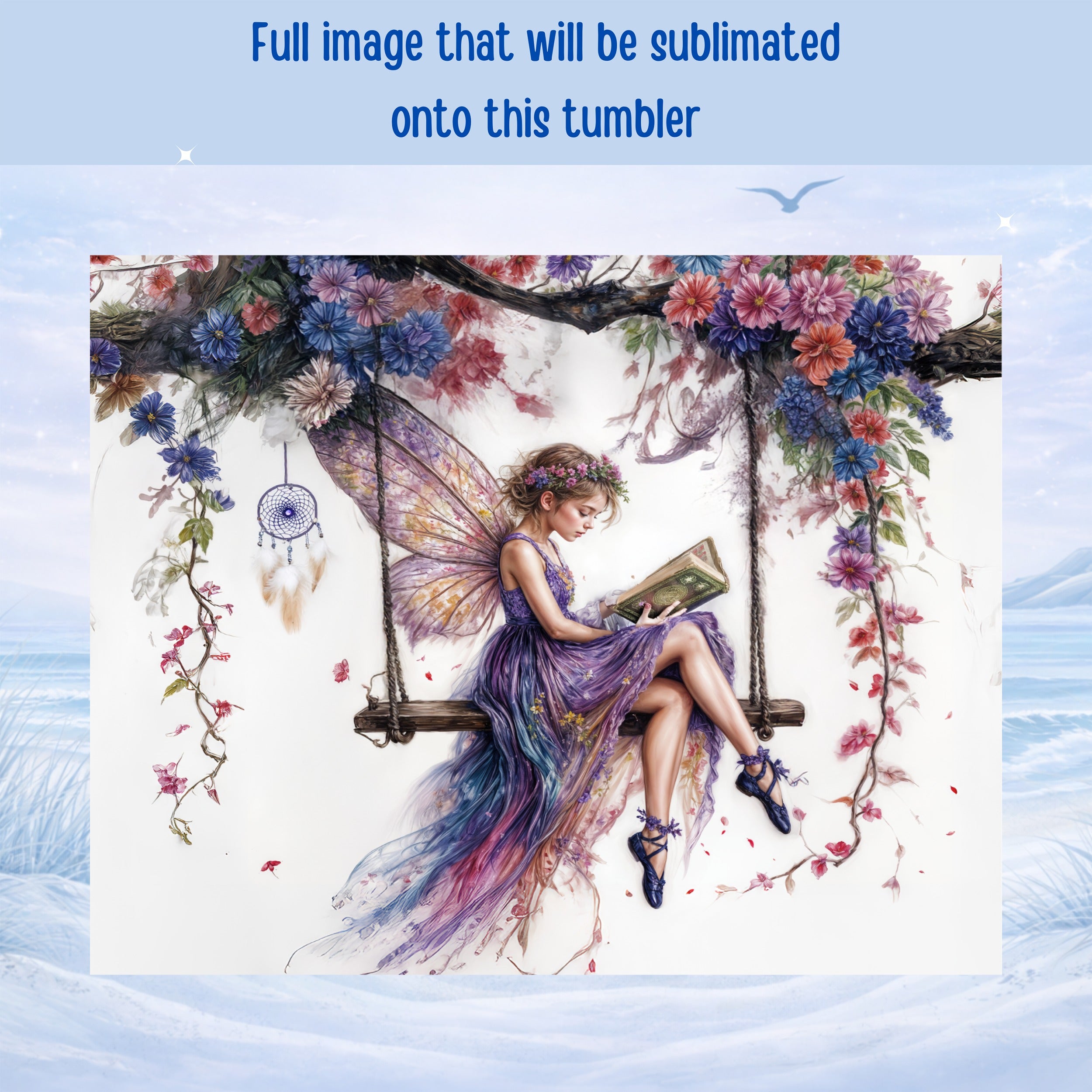 Fairy reading a book on a swing adorned with flowers and dreamcatchers.
