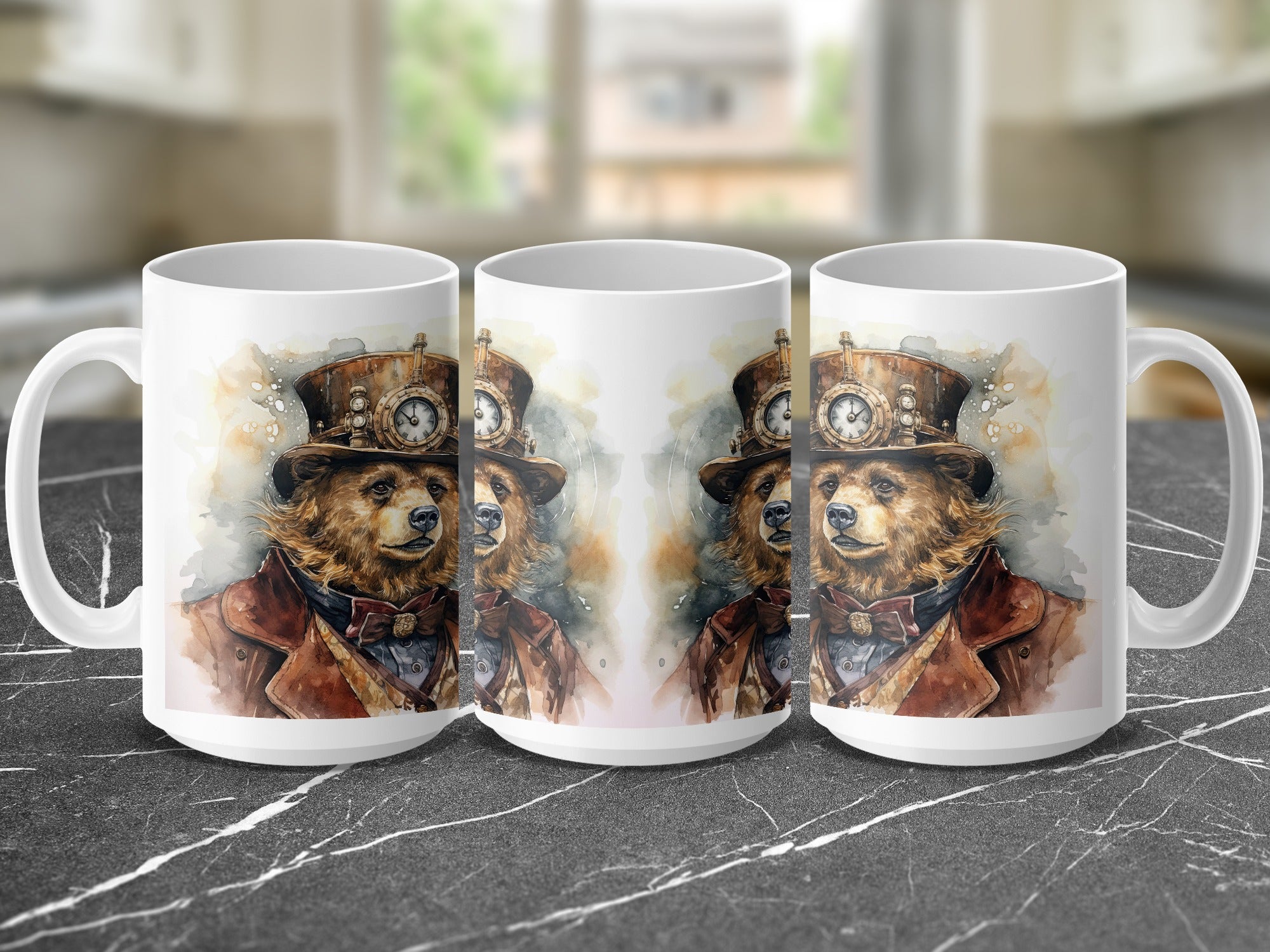 Steampunk bear wearing hat and jacket on a mug, shown three times.
