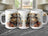Steampunk bear wearing hat and jacket on a mug, shown three times.